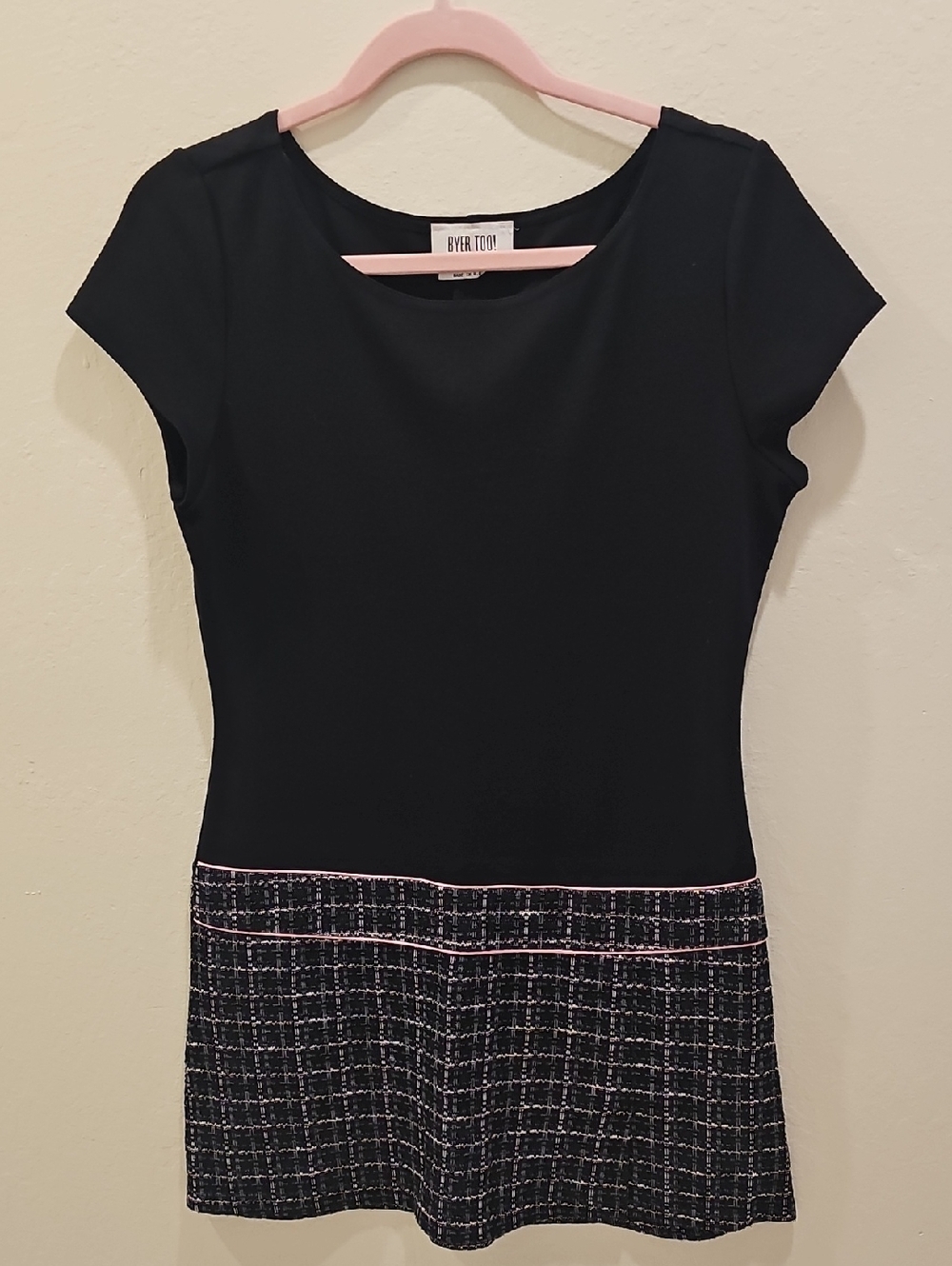 BYER TOO Black Top with Tweed Hem